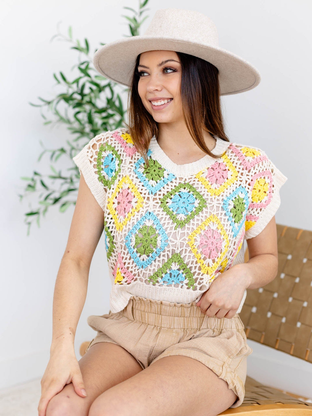Drop Shoulder Multi Color Crochet TopKnit tops