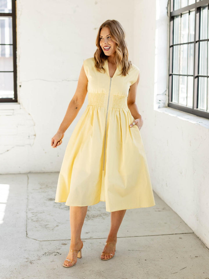 Drop Shoulder Smocked Waist Front Zipped Midi Dress