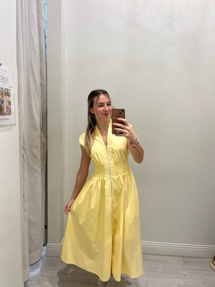 Drop Shoulder Smocked Waist Front Zipped Midi Dress