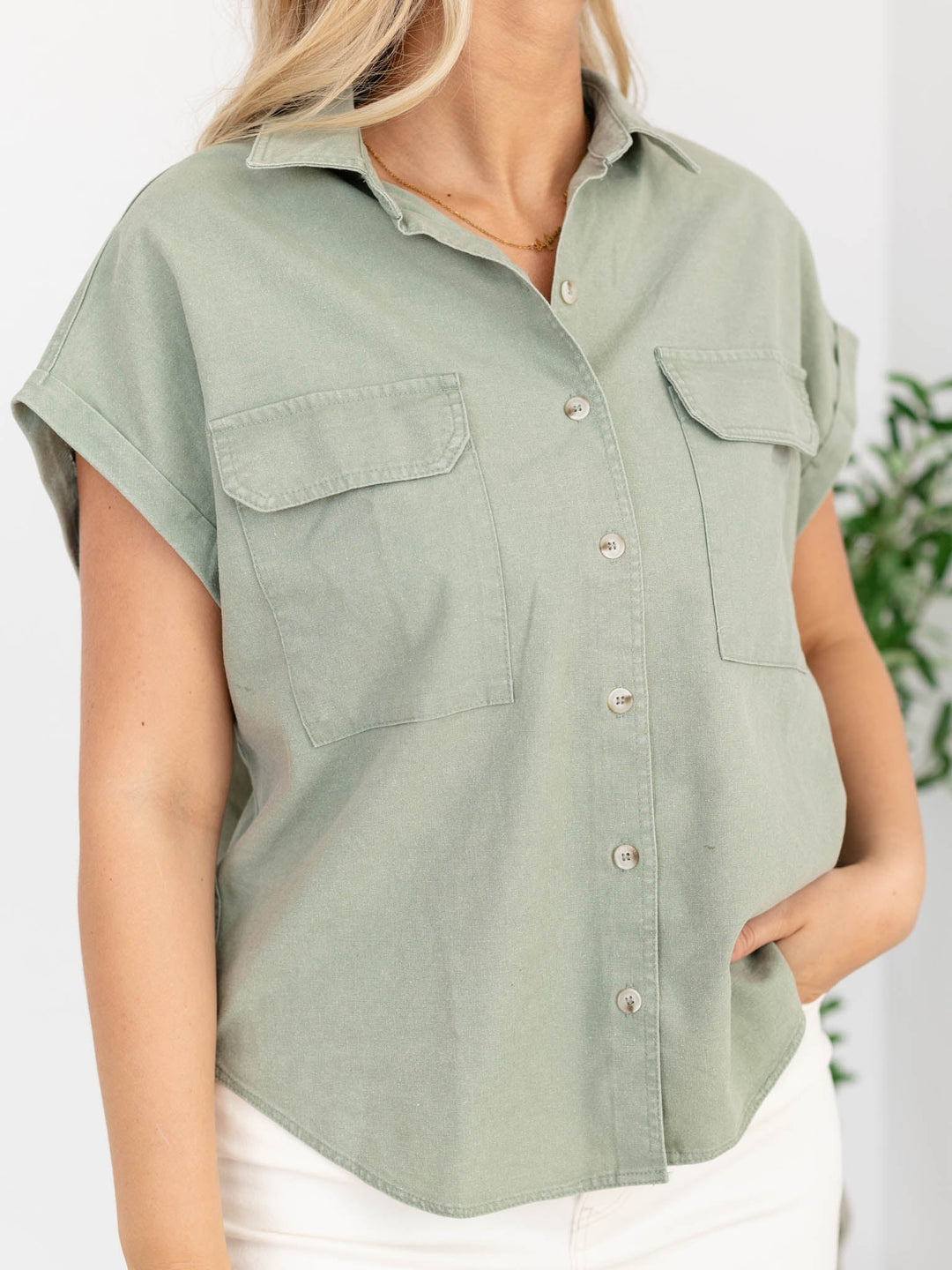 Drop Shoulder Washed Button Up TopWoven tops
