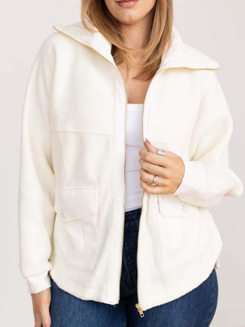 cream collared zip front sherpa jacket