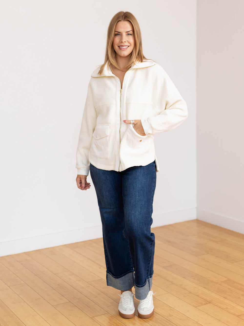cream collared zip front sherpa jacket
