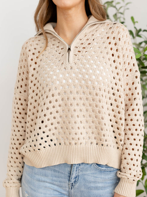tan open knit half zip sweater