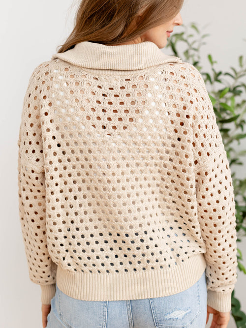 tan open knit half zip sweater
