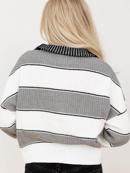 black and white half zip collared sweater