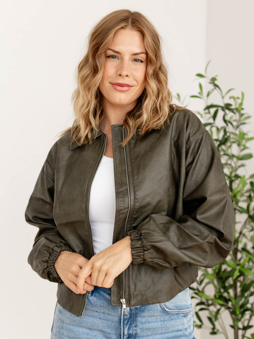 faux leather zip front bomber jacket