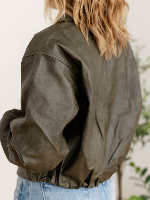 faux leather zip front bomber jacket