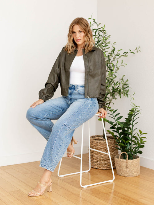 faux leather zip front bomber jacket