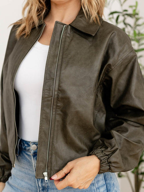 faux leather zip front bomber jacket