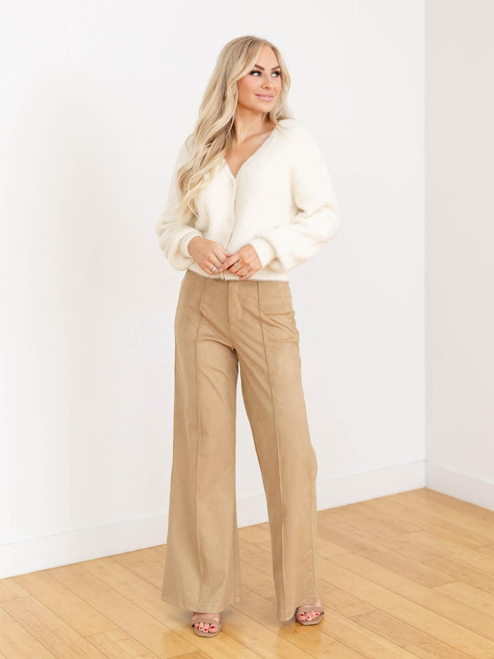 neutral pintuck flared suede pant
