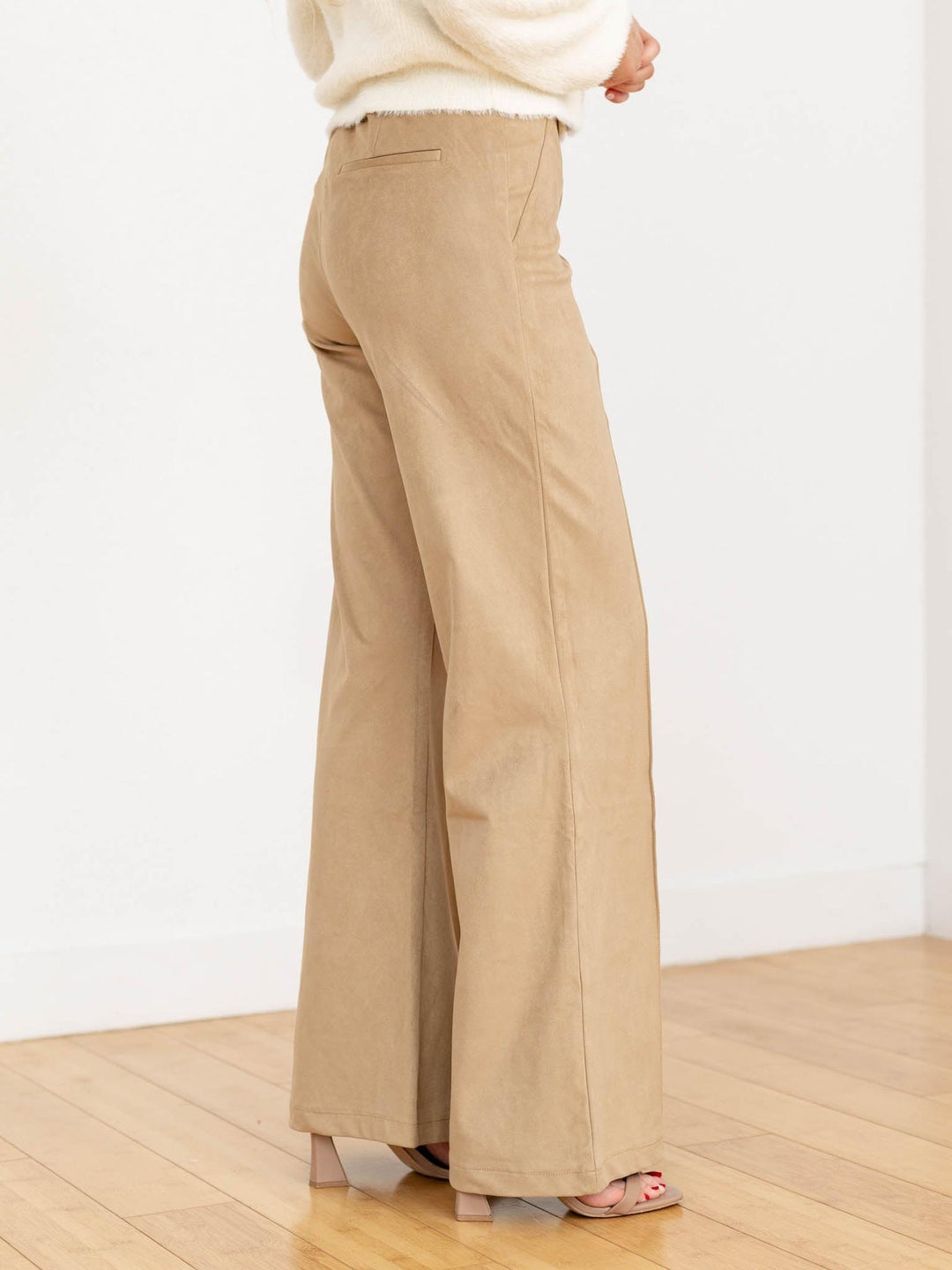 neutral pintuck flared suede pant