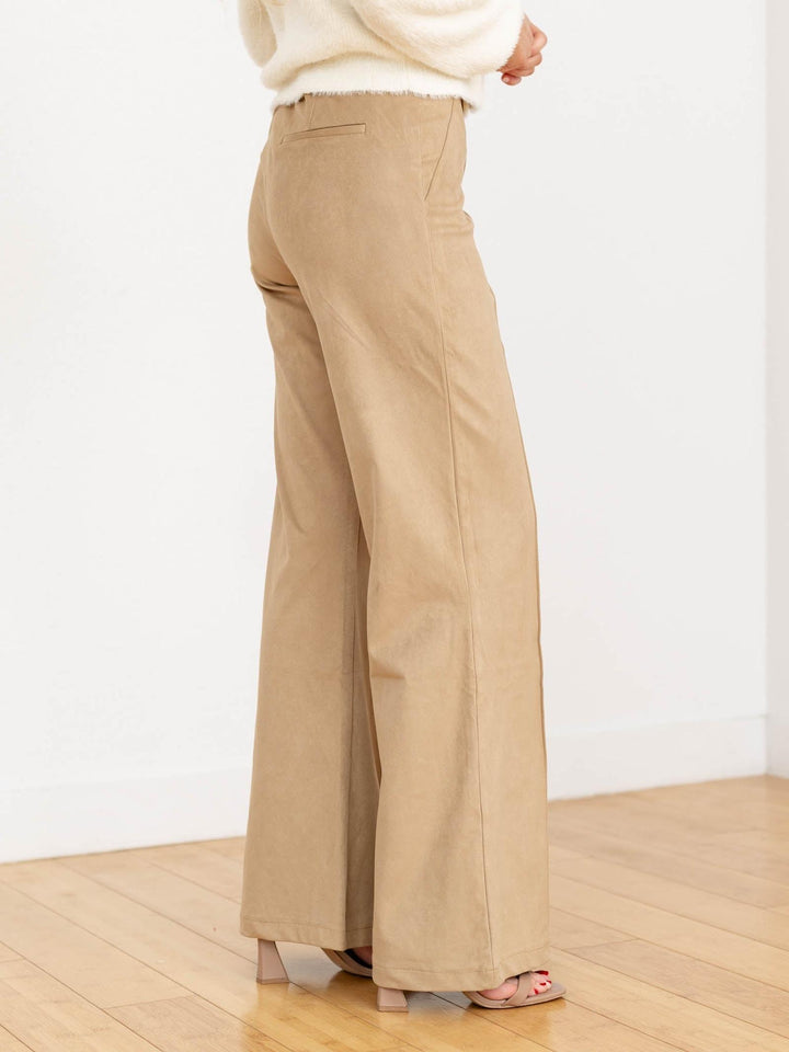 neutral pintuck flared suede pant