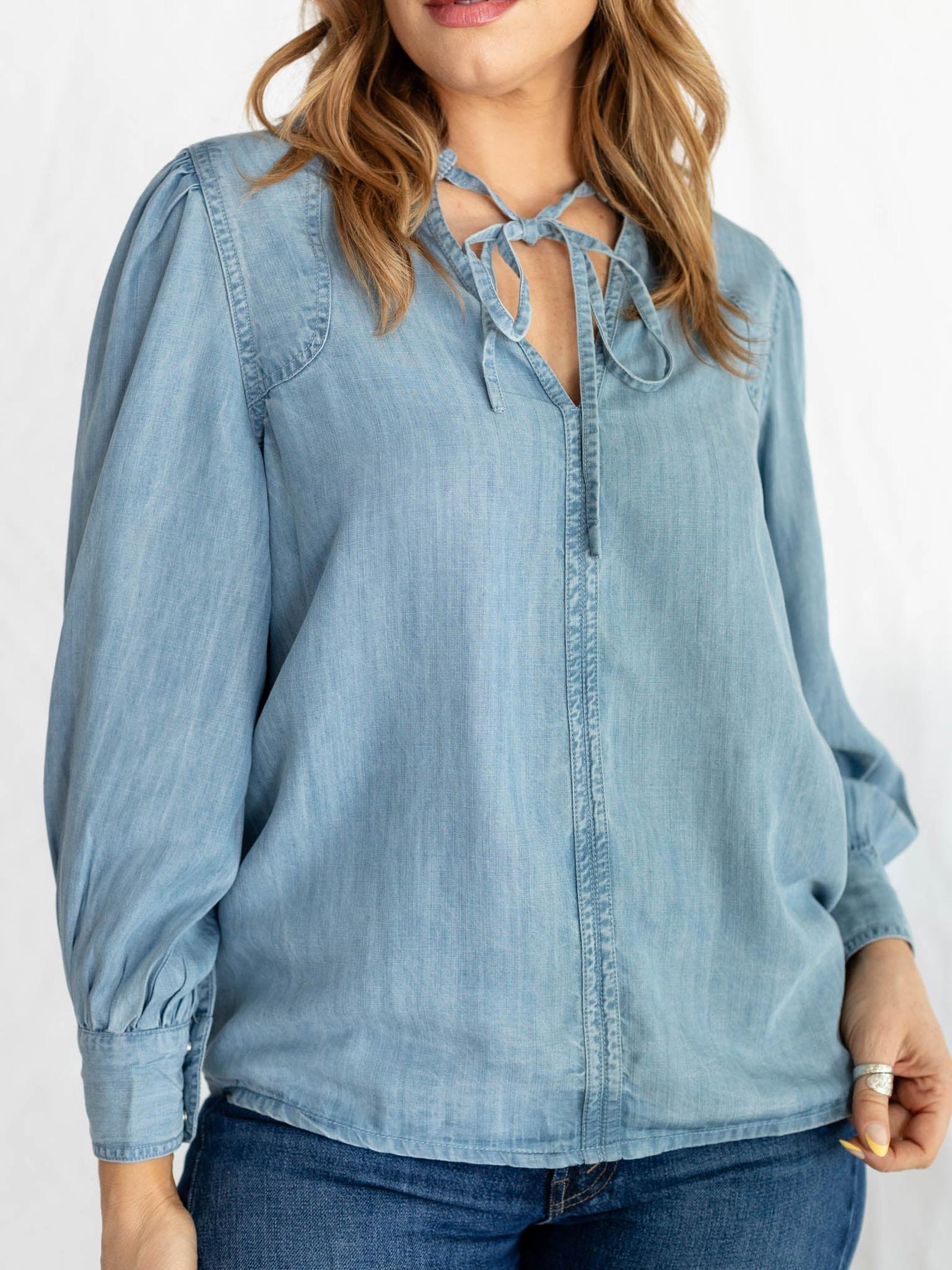 Elan Chambray Blouse - Long Sleeve V-Neck Tunic Top | Leela and