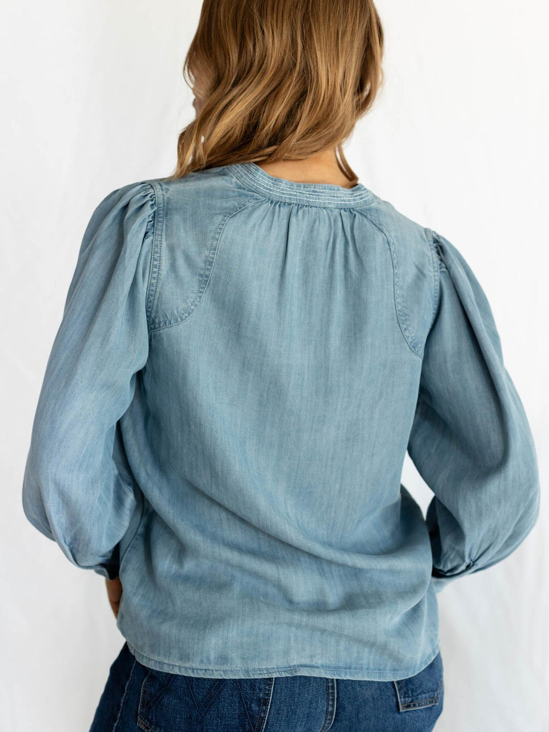denim tie neck blouse