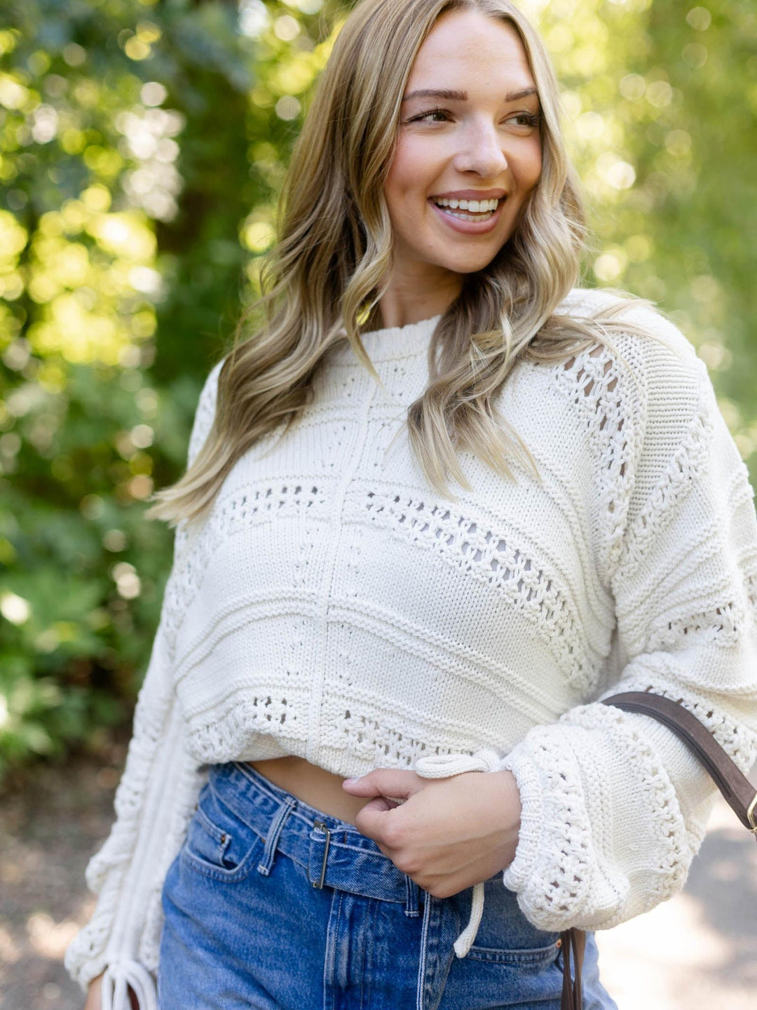 Elan Open Knit Tie Detail Sweater