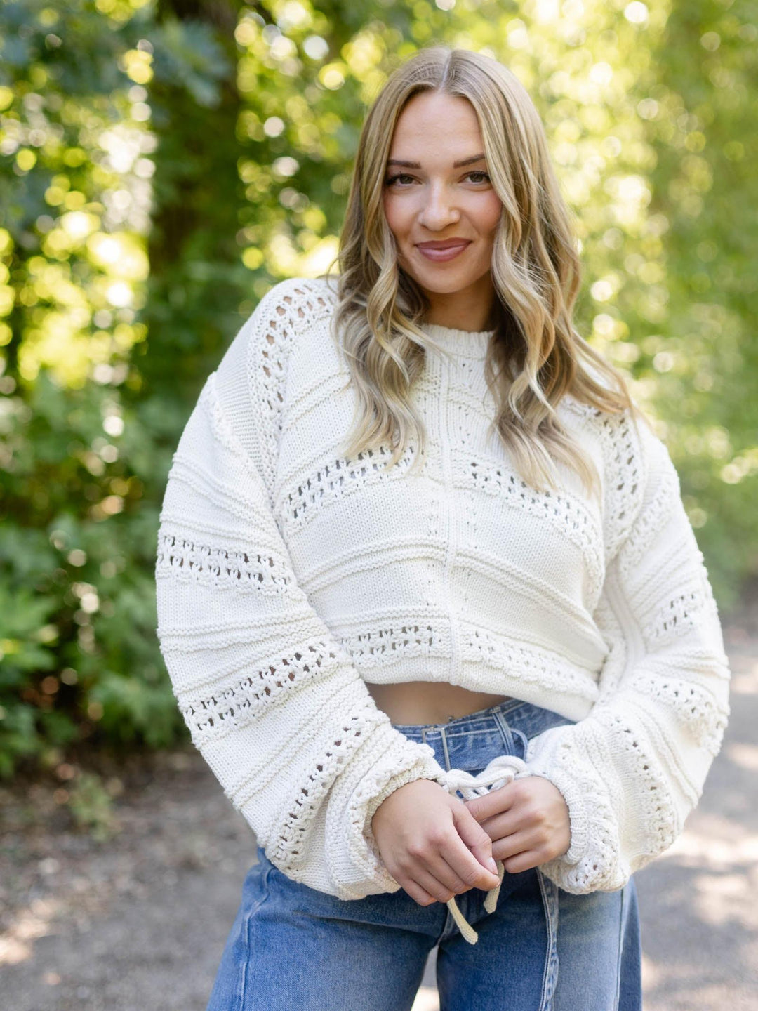 Elan Open Knit Tie Detail Sweater