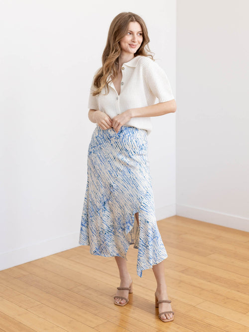 printed blue and white side slit skirt