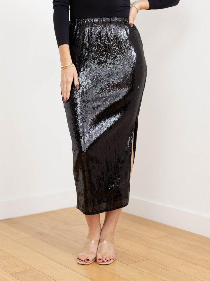 sequin black print midi skirt