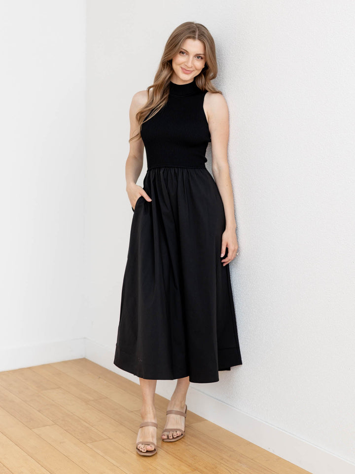 solid black mock neck maxi dress