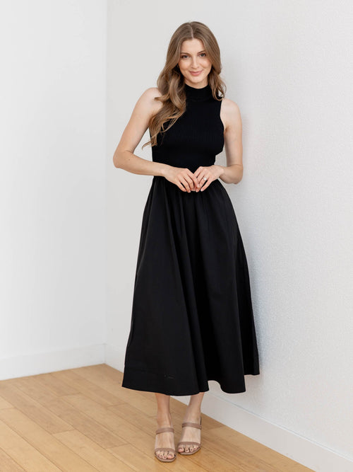 solid black mock neck maxi dress