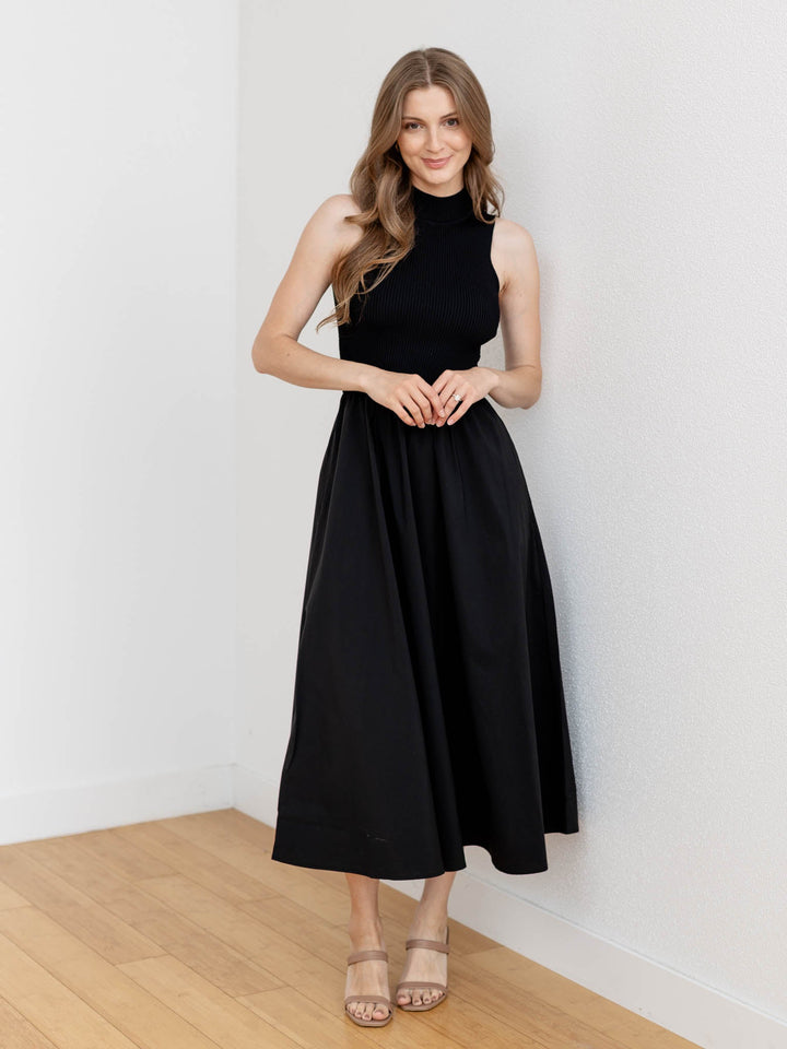 solid black mock neck maxi dress