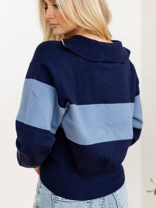 shades of blue stripe half zip sweater