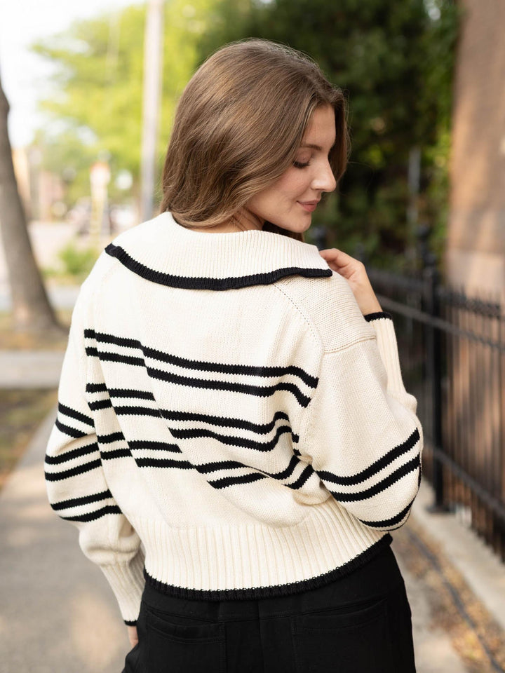 Elan Striped V-Neck Collared Sweater