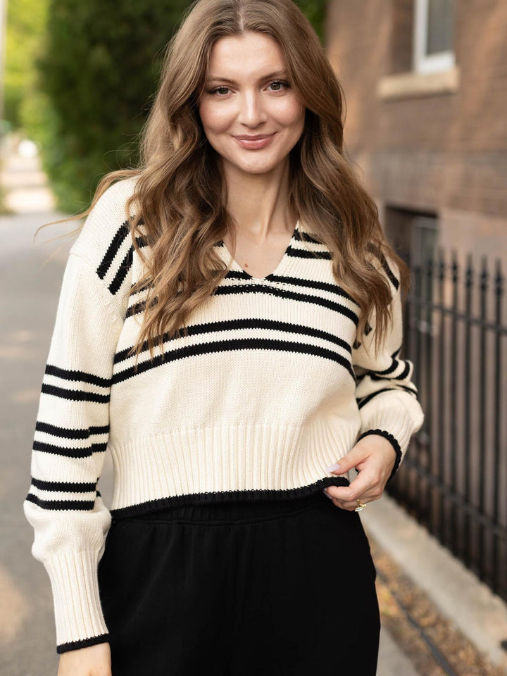 Elan Striped V-Neck Collared Sweater