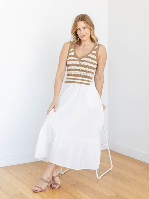 brown and white stripe mixed knit dress