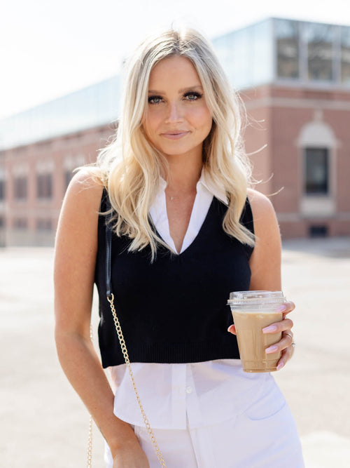 black and white sleeveless sweater vest tank