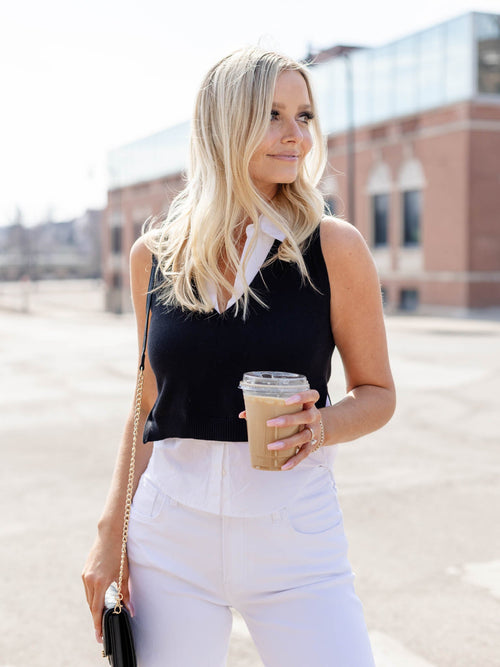 black and white sleeveless sweater vest tank