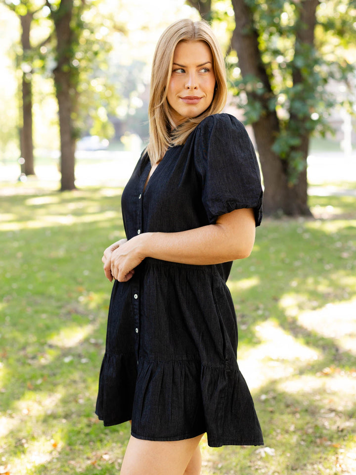 washed black tiered mini dress
