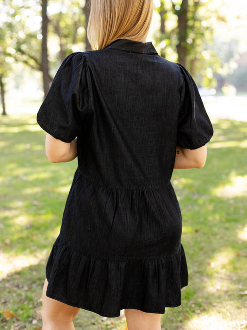washed black tiered mini dress