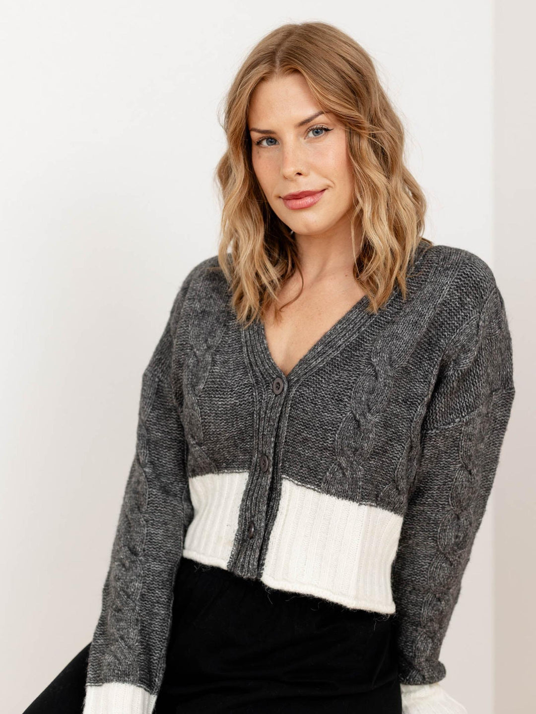 cable knit color block cardigan