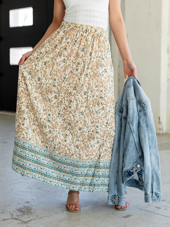 Elan Whimsy Border Print Maxi Skirt