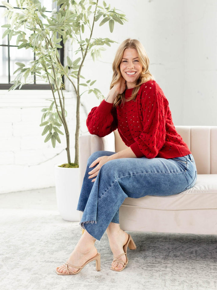 red eyelet wide neck sweater