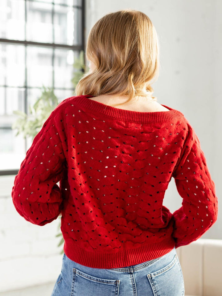 red eyelet wide neck sweater