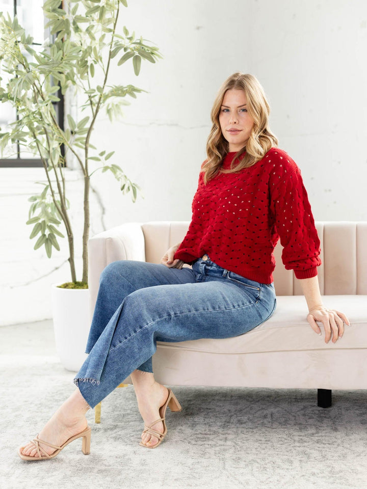 red eyelet wide neck sweater