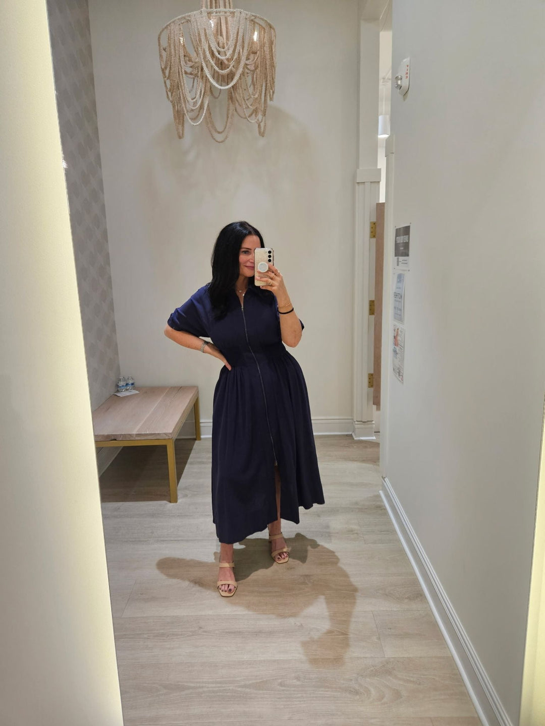 navy zip front midi dress