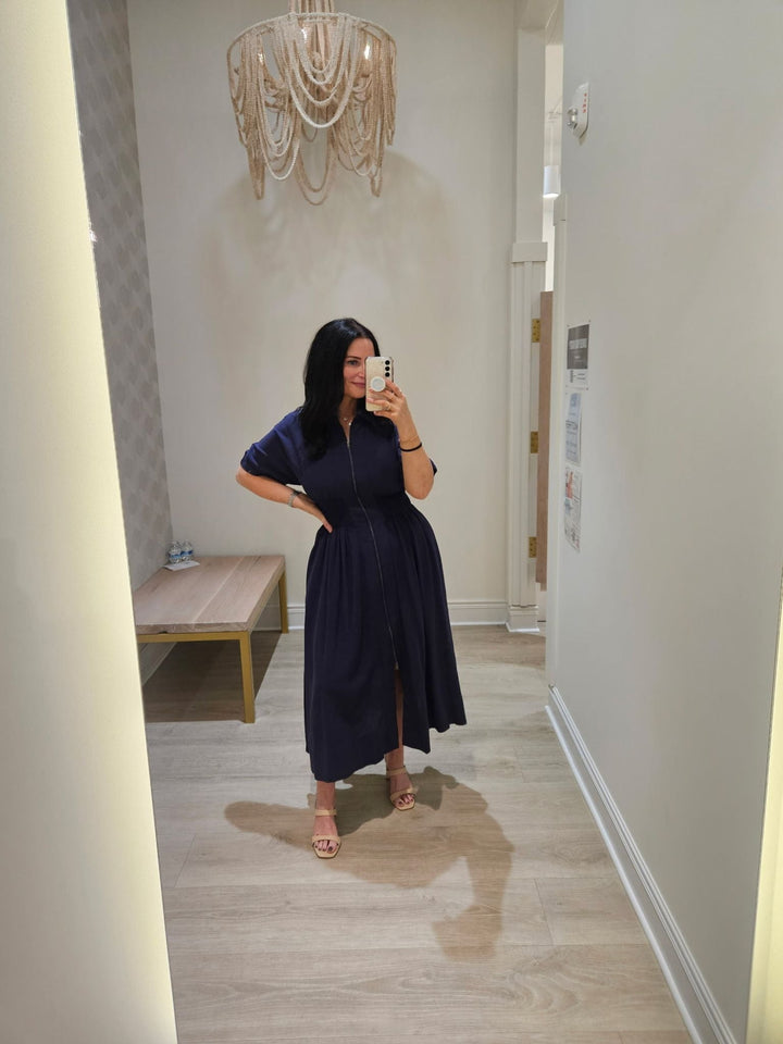 navy zip front midi dress