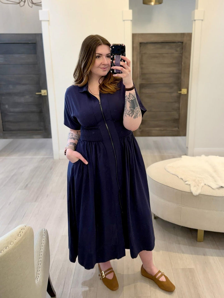 navy blue midi dress