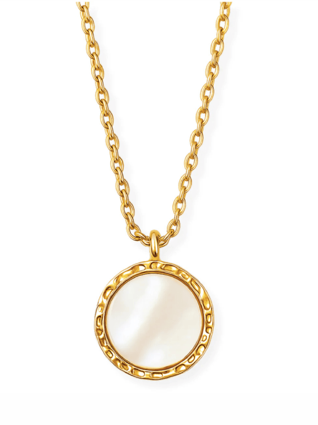 Gold necklace with a round pendant on a white background