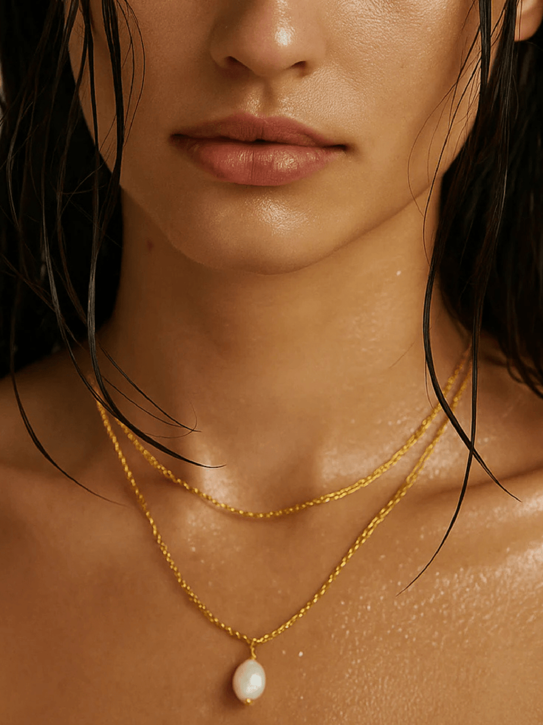 Close-up of a woman wearing a gold necklace with a pearl pendant.