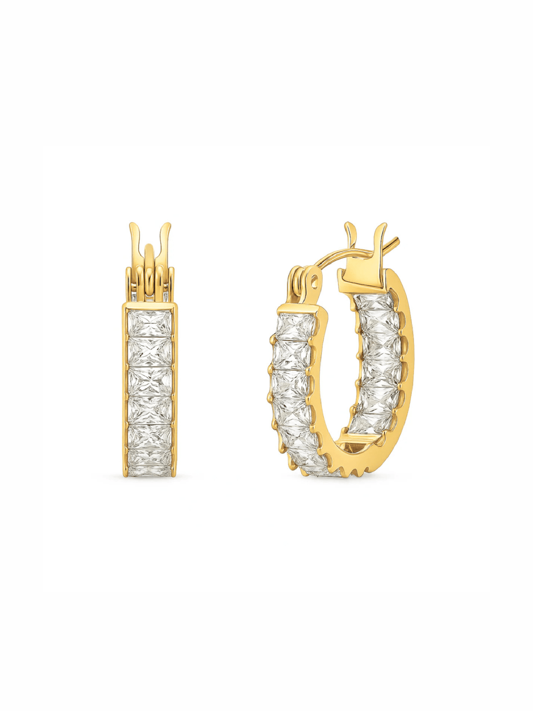 Gold hoop earrings with clear gemstones on a white background