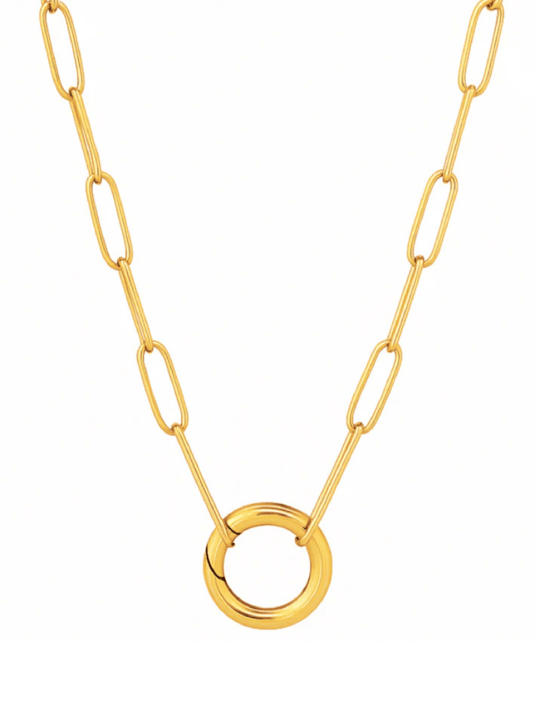 Gold necklace with a unique ring pendant on a white background