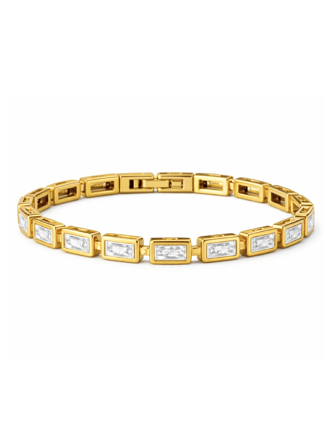 Gold bracelet with rectangular gemstones on a white background