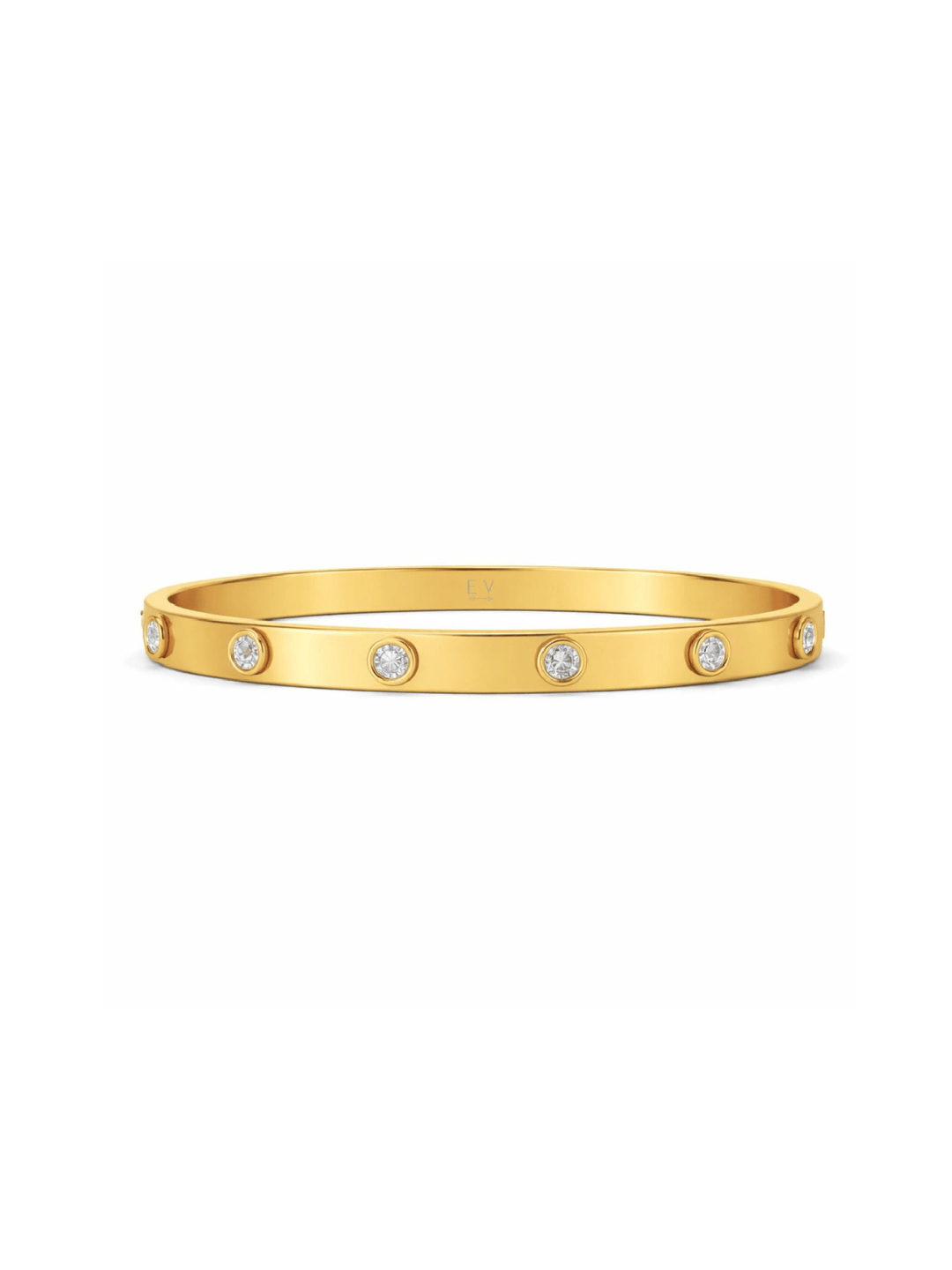 Gold bracelet with embedded diamonds on a white background