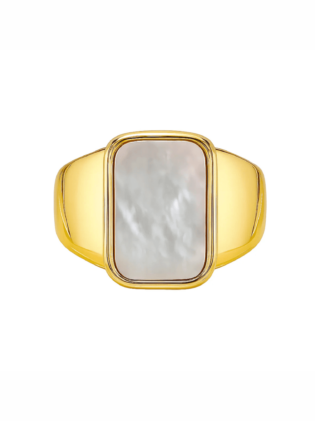 Gold ring with a rectangular white stone on a white background
