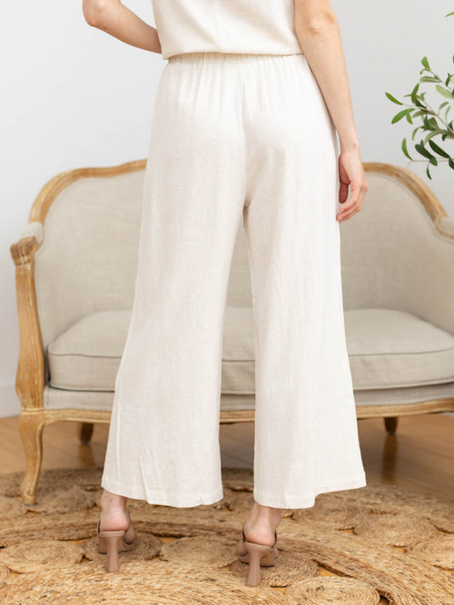 contrast embroidered trim linen wide leg pant