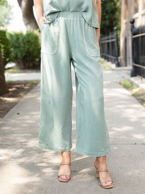 sage embroidered wide leg pant